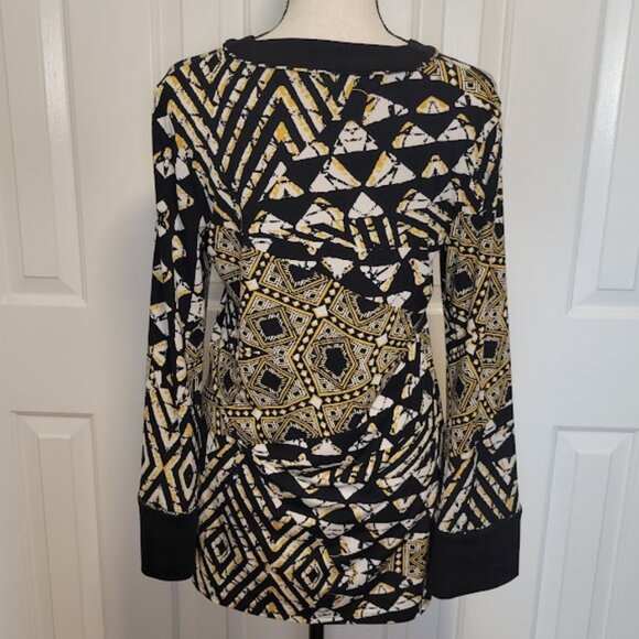 BCBG Max Azria Geometric Print Tunic Top – Black Gold White V-Neck Long Sleeve - Picture 2 of 3